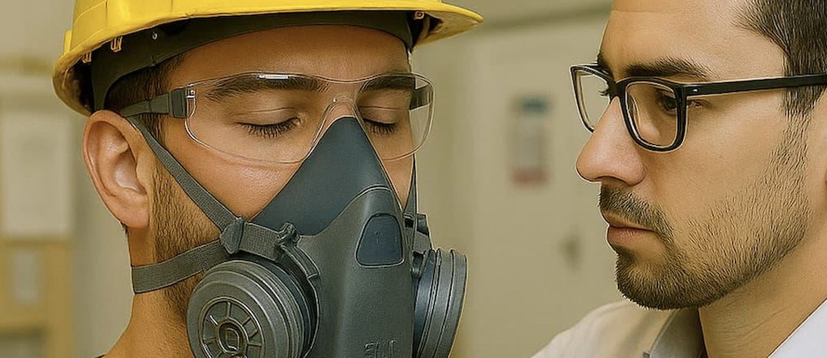 A fit tester carrying out a face fit test on a worker wearing a half-mask respirator