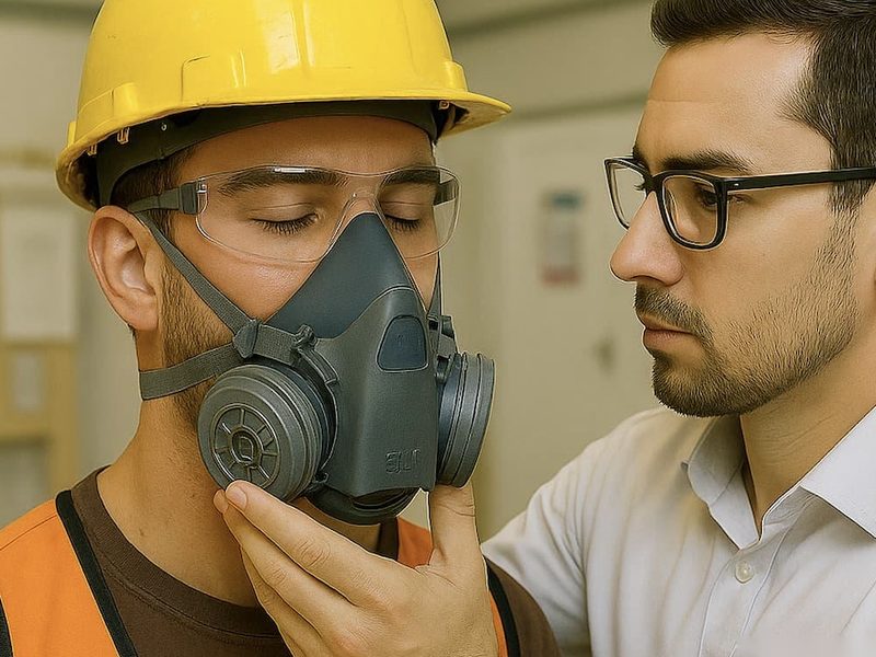 Face fit tester checking the seal on a worker's half-mask respirator